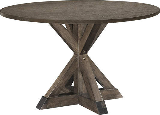 Alfred round Solid Wood Rustic Dining Table for Farmhouse Kitchen Room Decor, Wooden Trestle Pedestal Base, 46.5" Wide Circular Tabletop, Distressed Brown-0