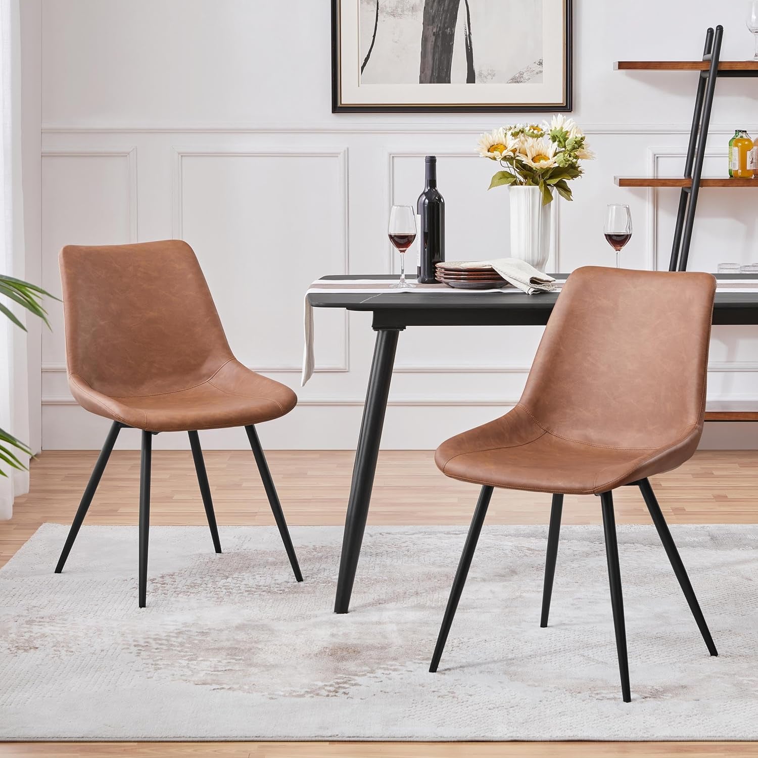 Dining Chairs Set of 2 Upholstered Modern Dining Room Chairs Mid Century Faux Leather Kitchen Chairs with Metal Legs for Dining Room Kitchen, Brown-3