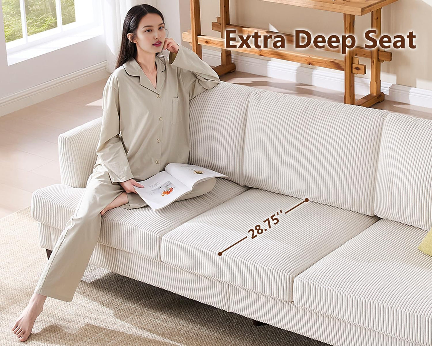 3 Seater Sofa Couch with Deep Seats, 89" Mid Century Modern Upholstered Sofa, Comfy Corduroy Sofas with Armrests, Couches for Living Room, Bedroom, Apartment and Office (Beige)-2