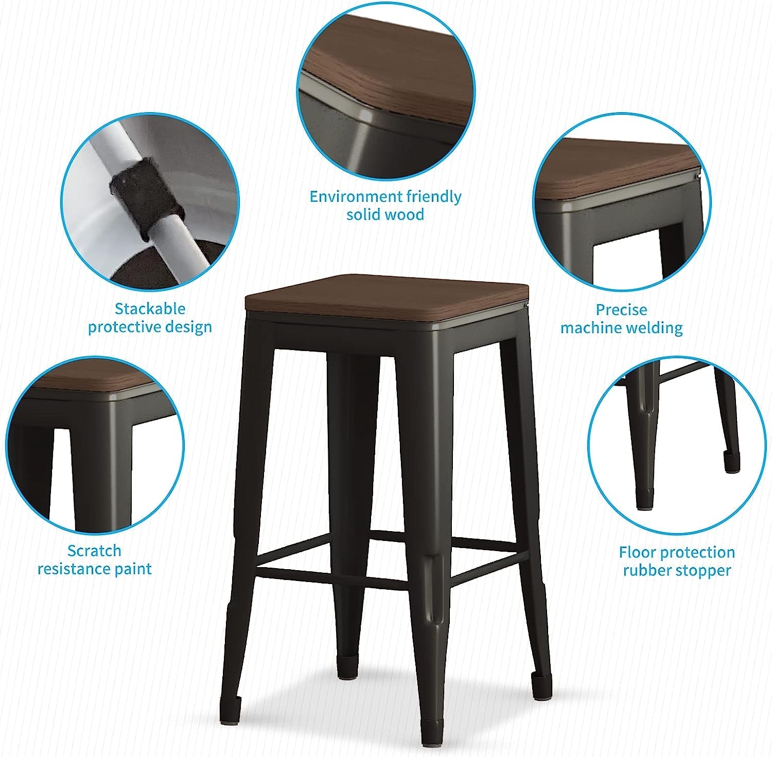 Square Metal Bar Stool Stackable Set of 2-4