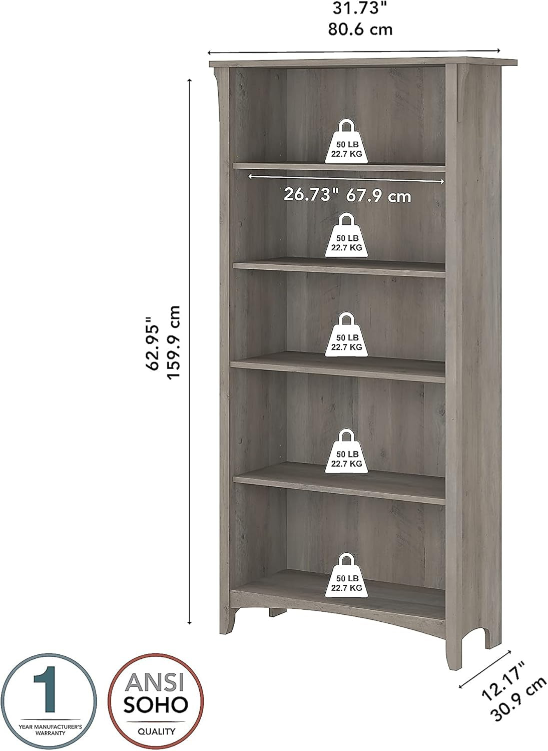 Salinas 5-Shelf 63-Inch H Bookcase, Driftwood Gray-2