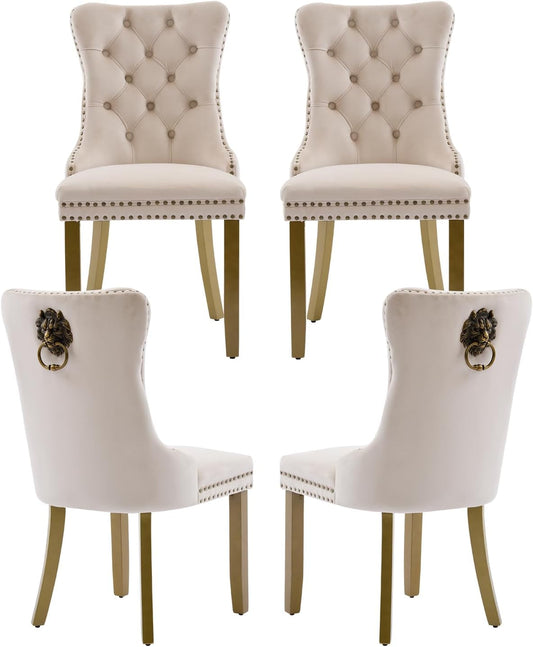 Beige Velvet Dining Chairs Set of 4, Upholstered Dining Room Chairs with Lion Head Pulls Ring and Golden Solid Wood Legs, Modern Button Tufted Kitchen Chairs for Dining Room, Kitchen(Beige)-0