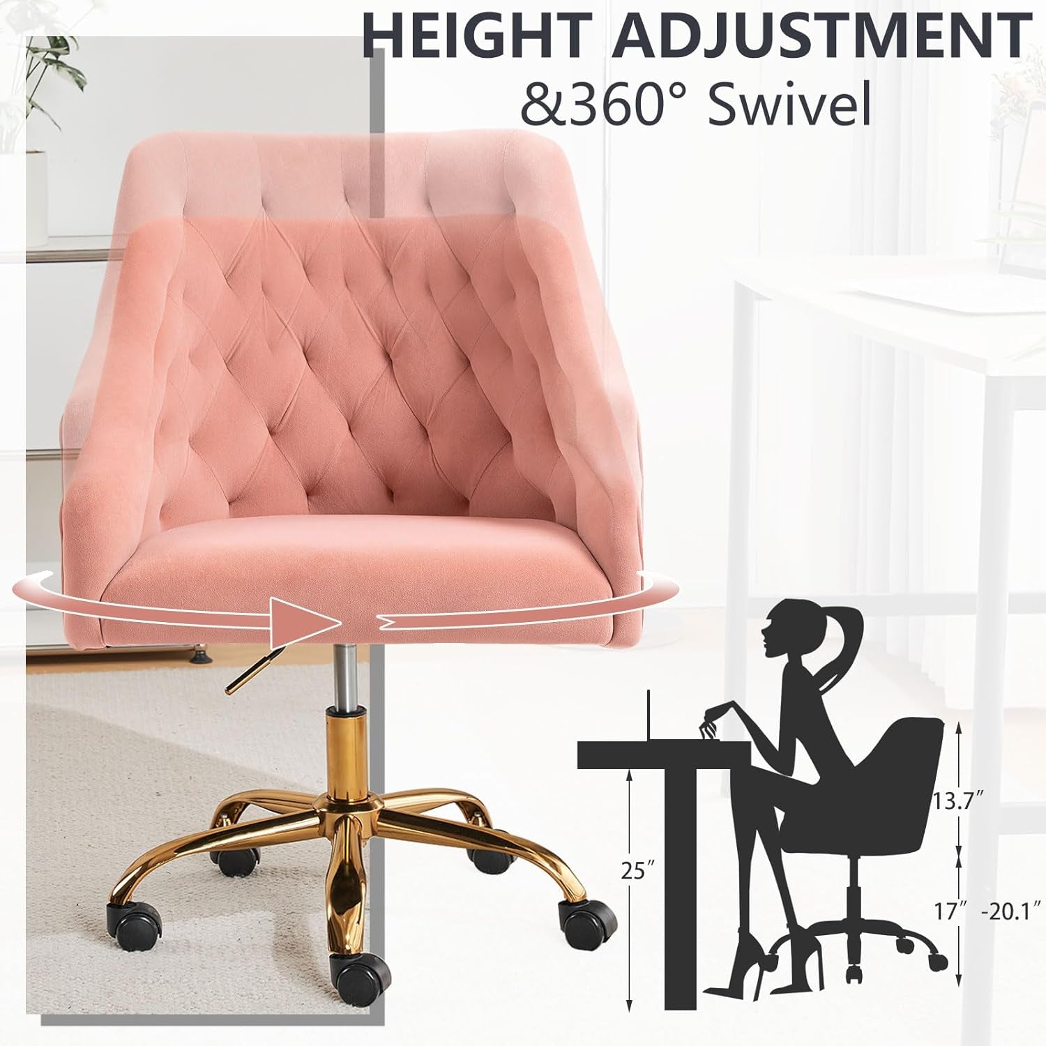 Velvet Office Swivel Chair, Vanity Chair, Fabric Desk Chair, Pretty Fancy Chair, Gold Office Chair for Girls, 360°Swivel Height Adjustable Reception Chair (Pink)-4