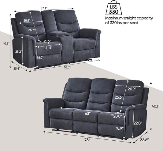 2 Pieces Recliner Sofa Set, Manual Sofa Set for Living Room Furniture Set, Recliner Sofa and Loveseat Sets, Reclining Loveseat with Console & Cup Houlders for Living Room-1