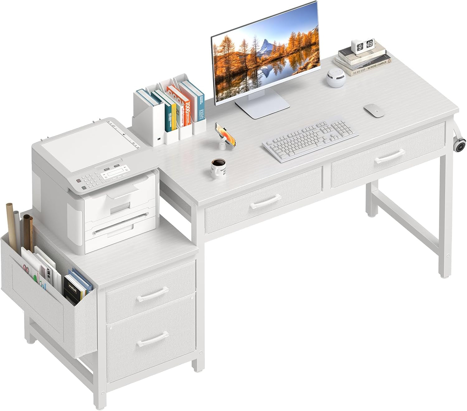 White Computer Desk with Fabric File Drawers Cabinet, 57 Inch Home Office Desks with Reversible Filing Cabinet Printer Stand for Small Space, Study Writing Table PC Vanity Desks, White-0