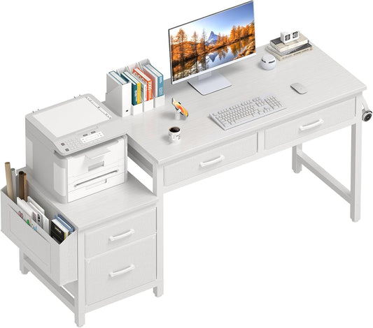 White Computer Desk with Fabric File Drawers Cabinet, 57 Inch Home Office Desks with Reversible Filing Cabinet Printer Stand for Small Space, Study Writing Table PC Vanity Desks, White-0