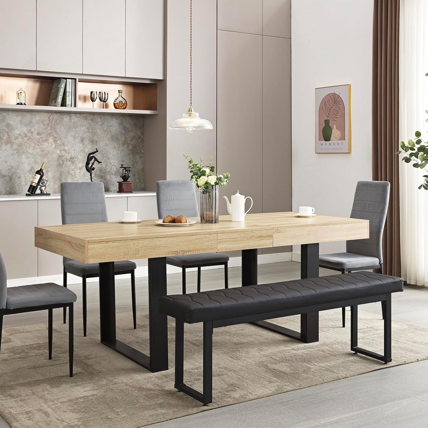 63”-79” Extendable Dining Room Table, Modern Farmhouse Wooden Kitchen Table, Long Expandable Dining Table for 6 8 10, Large Expanding Table Conference Table (Rustic Oak)-2