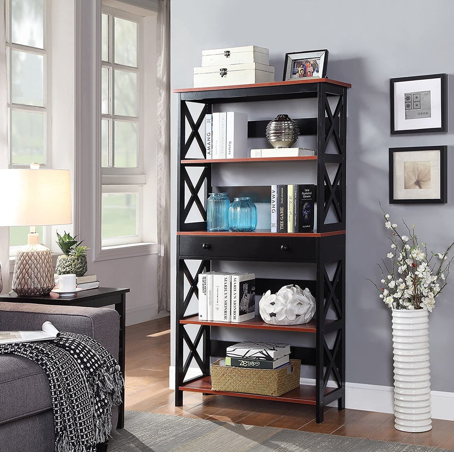 Cherry/Black Oxford Bookcase with Drawer (5 Tier)-0