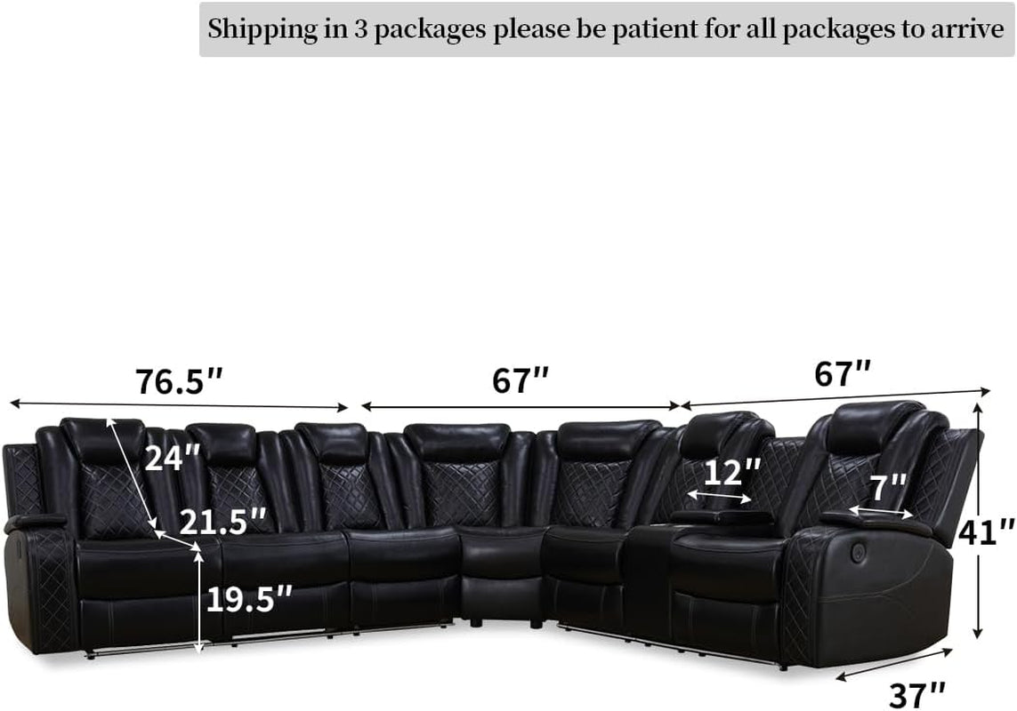 Living Room Furniture Set Black Leather Sofa Living Room Set Power Recliner Adjustable Sofa,Loveseat and Chair with Cup Holders/Storage Console/Led Light/Ups Port for Living Room, Office-1