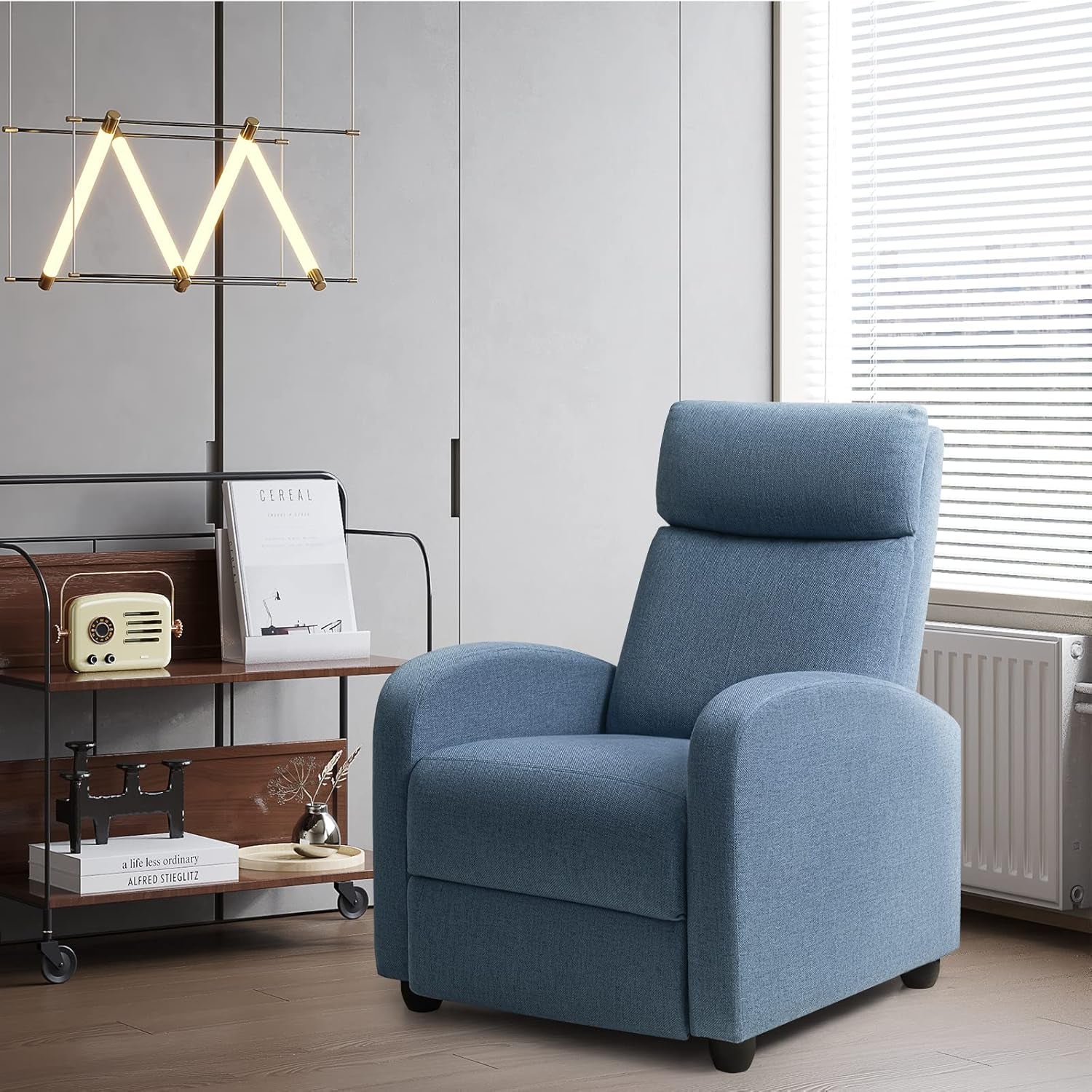 Recliner Chair Adjustable Home Theater Single Recliner Sofa Furniture with Thick Seat Cushion and Backrest Modern Living Room Recliners (Fabric, Light Blue)-0