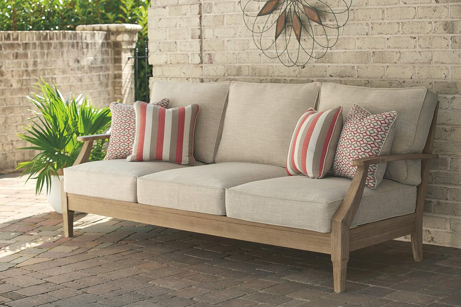 Clare View Coastal Outdoor Patio Eucalyptus Sofa with Cushions, Beige-1