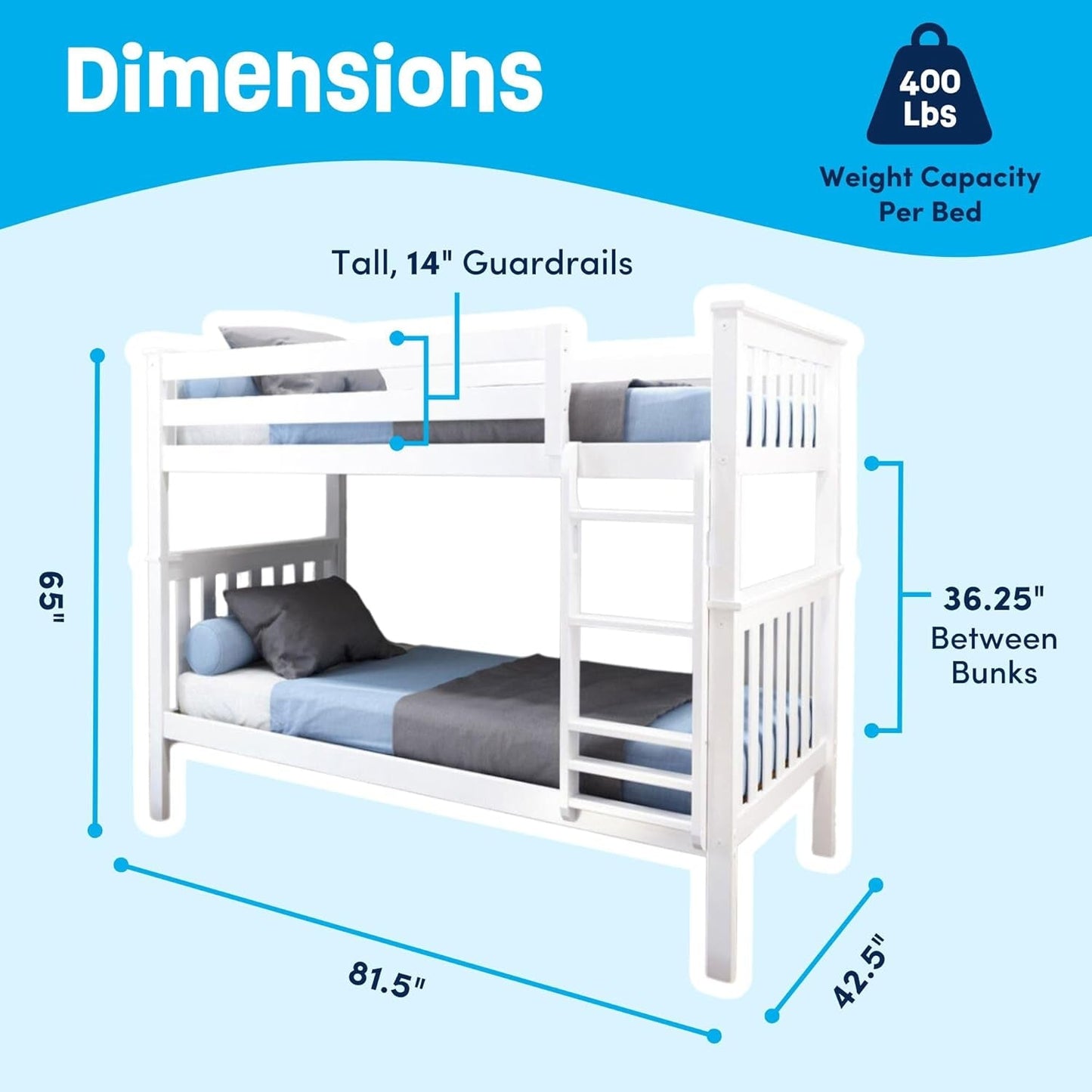 Bunk Bed Twin over Twin, Solid Wood Bunk Bed Frame with Ladder for Kids, 14" Safety Guardrails, Easy Assembly, No Box Spring Needed, White-2