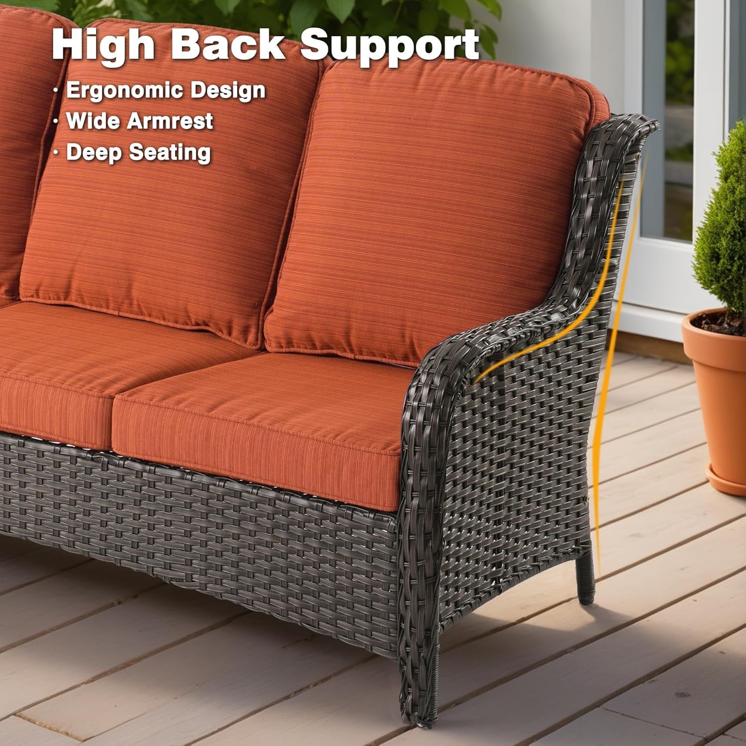 5 Pieces Patio Furniture Set, Outdoor Wicker Sofa Couch with Ottomans Comfy Cushions, All Weather High Back Conversation Set for Porch Deck, Brown Rattan, Orange Red-4