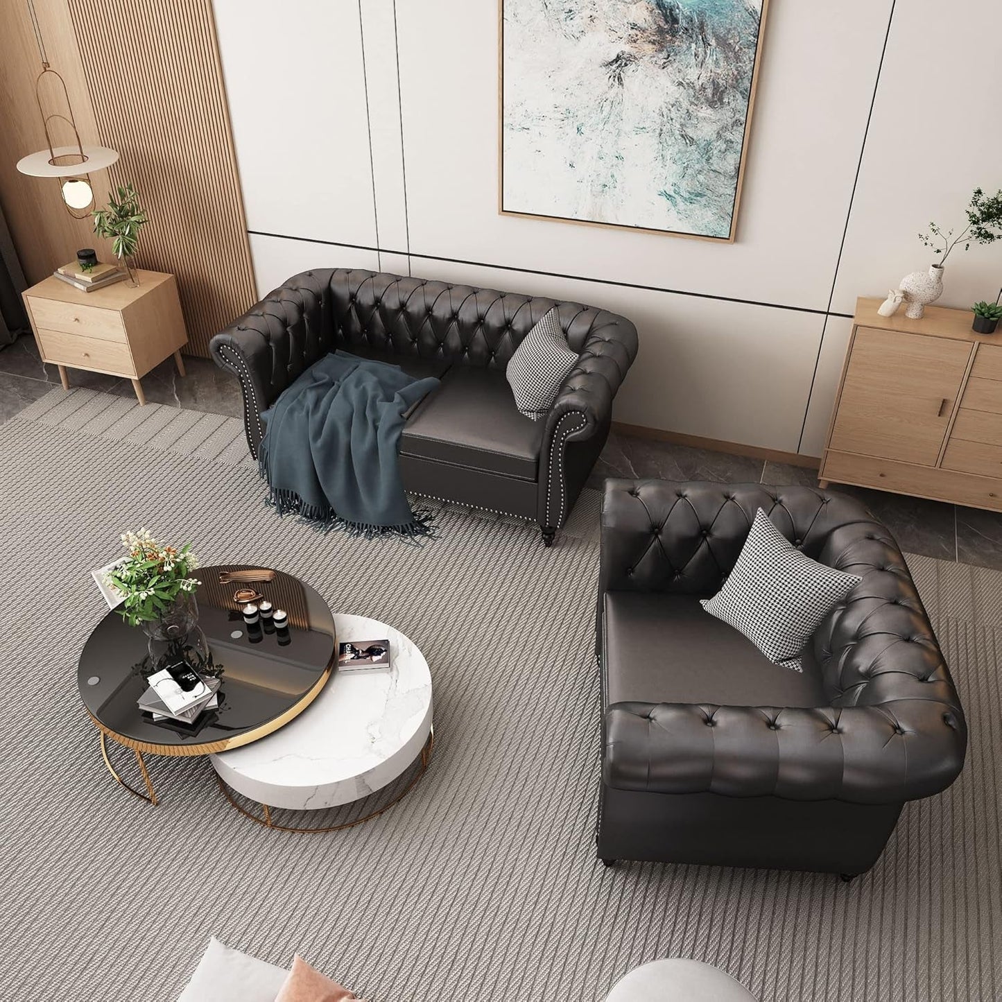 Sectional Modular Sofa Couches, PU Leather Modular Sofa Furniture Set Tufted Cushion Suitable for Small Space Configuration Sofa, Office Meeting Room Couch (PU Black, 1-2)-2