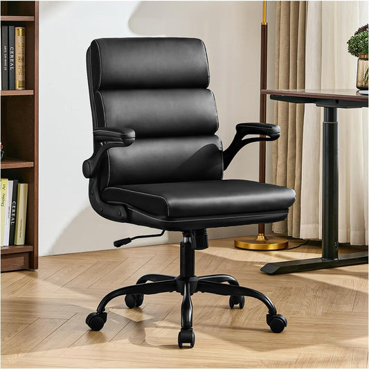 Office Chair Adjustable Desk Chair Mid Back Executive Comfortable Bonded Leather Ergonomic Back Support Home Computer Chair with Padded Flip-Up Armrest Swivel Wheels (Black)-0