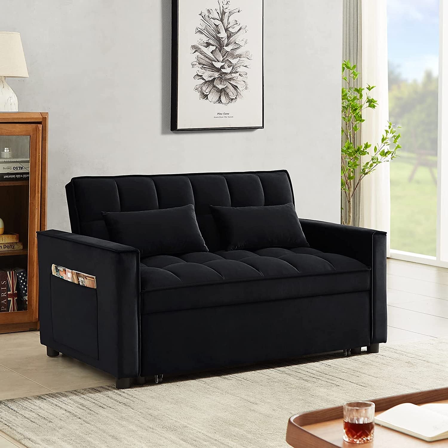 Modern Black Convertible Sofa Bed with Reclining Backrest-0