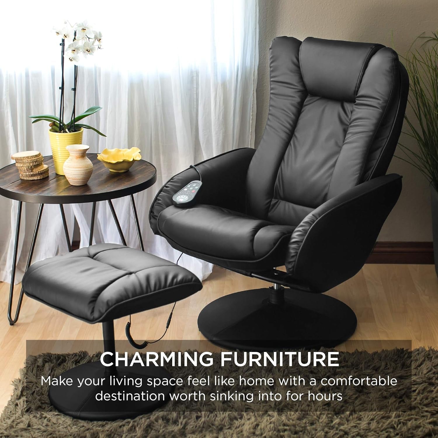 Faux Leather Electric Massage Recliner W/Stool Footrest Ottoman, Remote Control, 5 Heat & Massage Modes, Side Pockets - Black-4