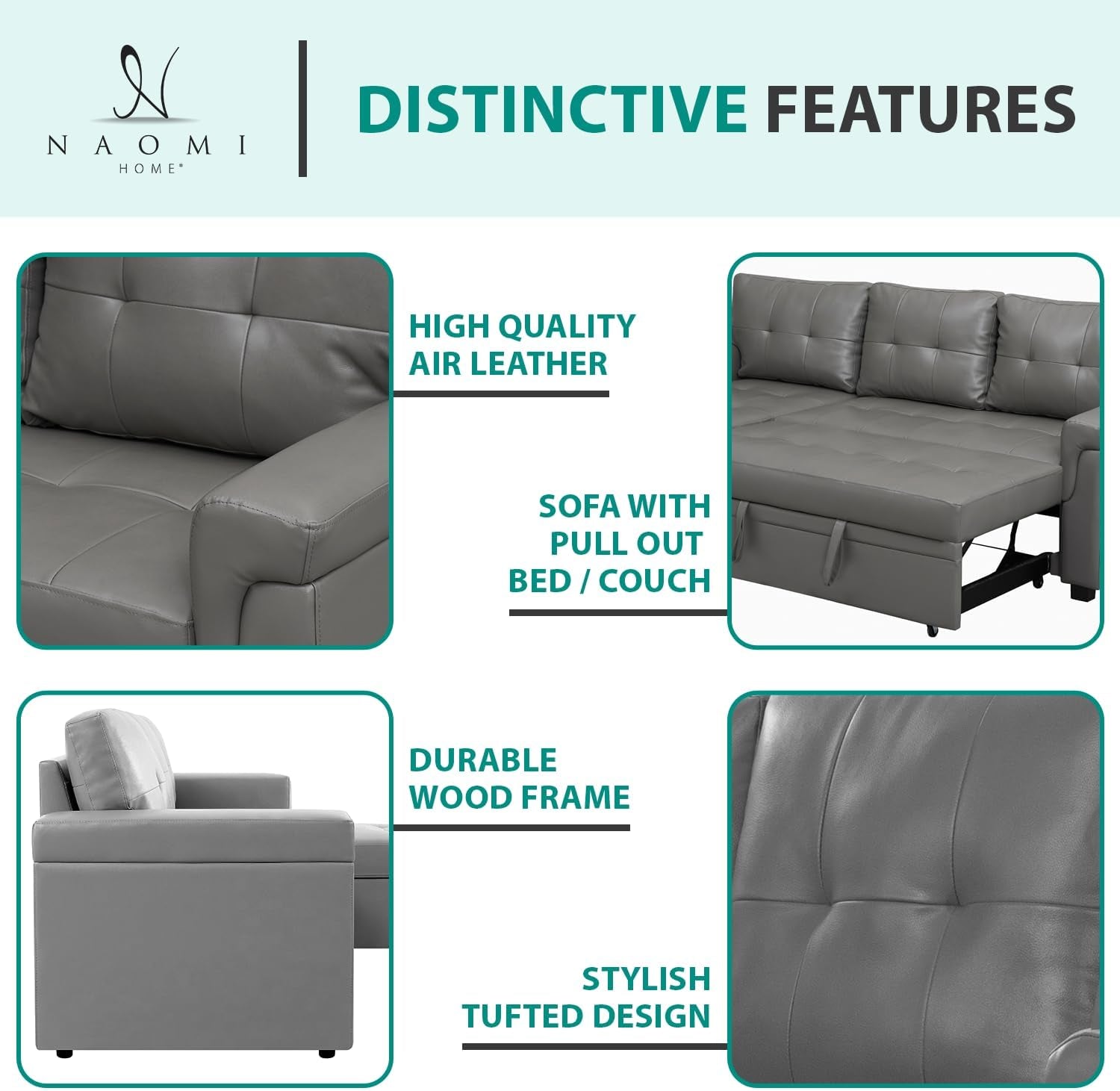 Jenny Sectional Sofa Sleeper with Storage Chaise, Tufted Pull Out Couch with Storage, Sectional Bed, L-Shaped Reversible Sleeper Sofa, Gray,Air Leather-2