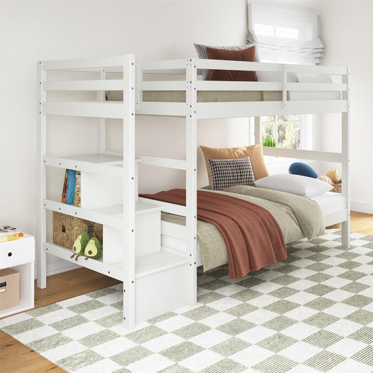 Zaire Kids' Solid Wood Bunk Bed with Stairs and Storage Shelves, White-0