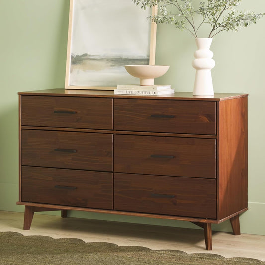 Modern Solid Pine Wood 6-Drawer Dresser with Metal Handles and Generous Storage Space, Walnut Finish-1