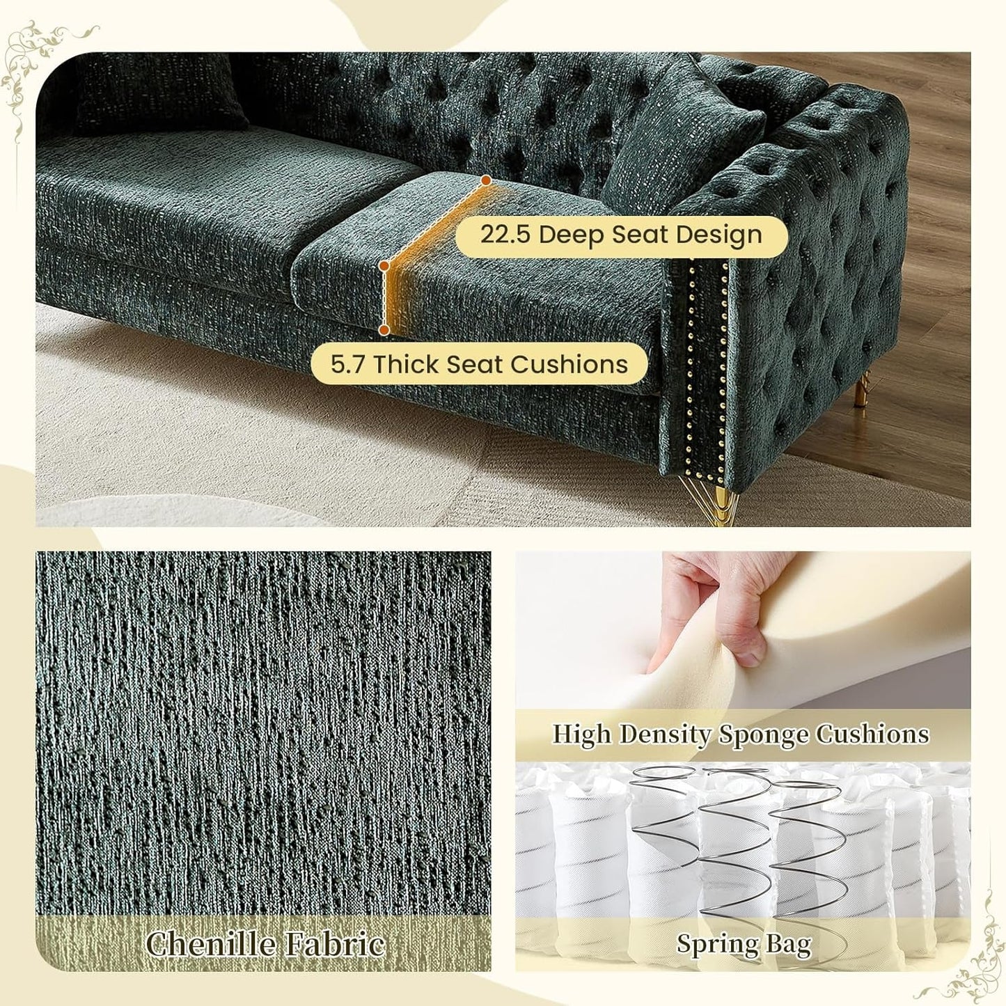 2 Pieces Chenille Living Room Furniture Sofa Couch Set,Button Tufted Comfy Couch with Nailhead Trim&Metal Legs,Mid Century Modern Couch and Loveseat Sets for Living Room(Loveseat+3 Seater Sofa,Green)-2