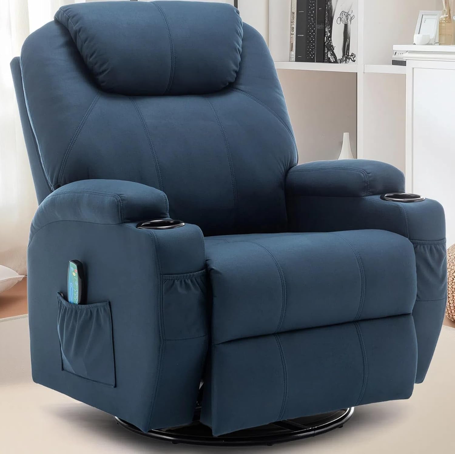 Recliner Chair, Rocking Chair with Massage and Heat, 360° Swivel Recliner Chairs for Adults, Rocker Manual Recliner with Remote Control and Cup Holder for Living Room, Bedroom, Nursery-0