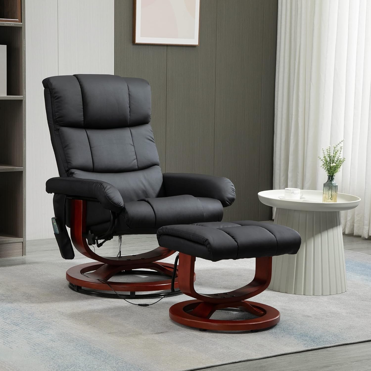 Massage Recliner Chair with Ottoman, Swivel Recliner and Footrest, Faux Leather Reclining Chair with Remote Control and Side Pocket, Black-1