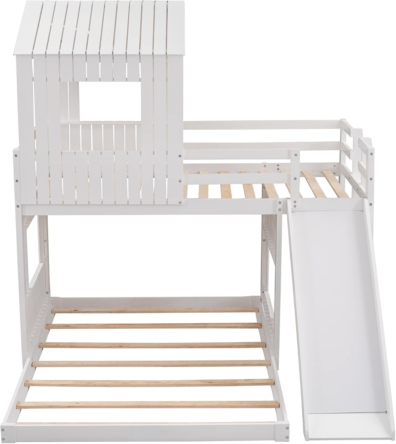 Twin over Full Bunk Bed Frames Loft Bed with Slide, House Roof, Window and Safety Guardrails for Boys or Girls, White-2