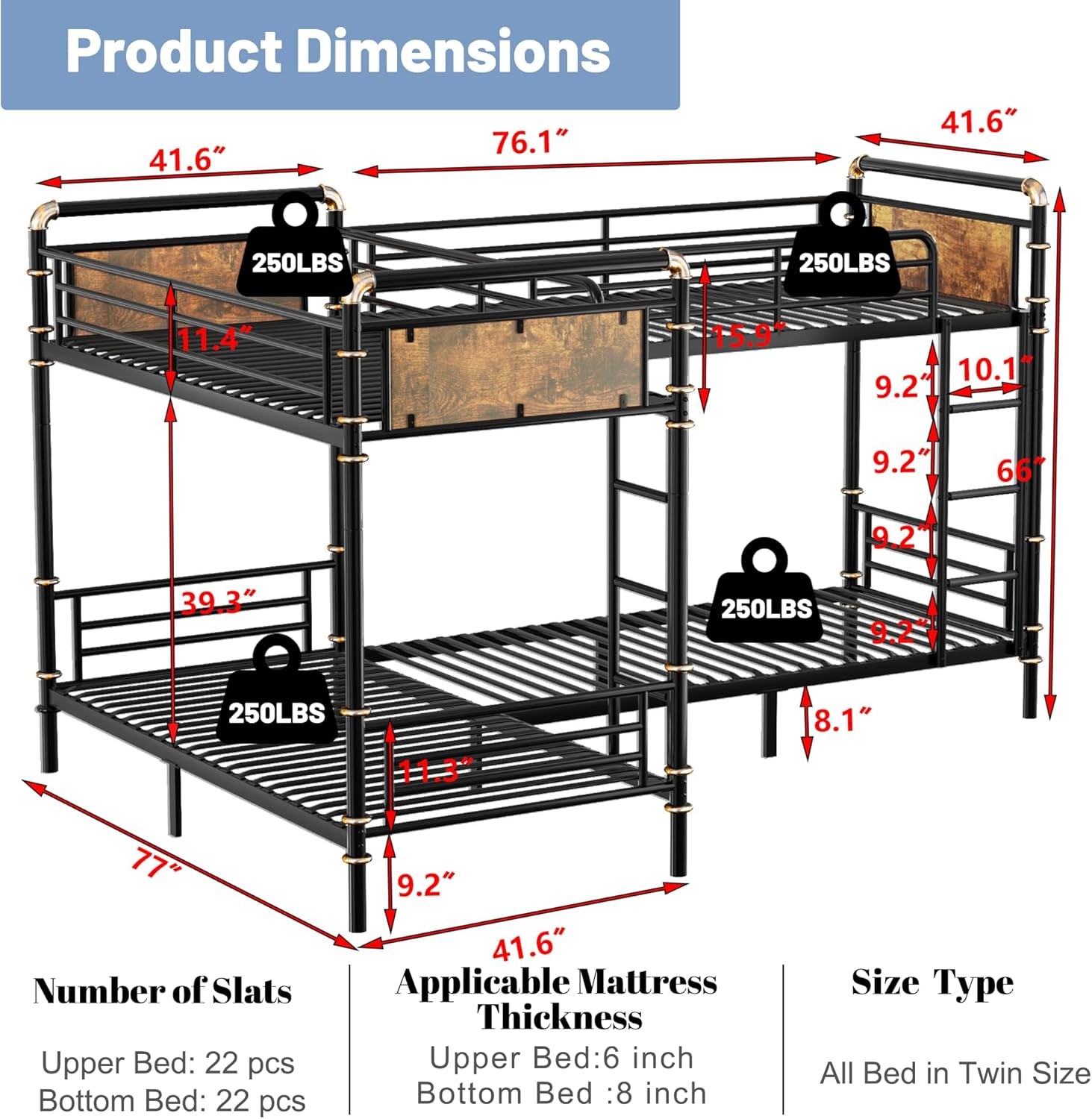 Quad Bunk Bed, Heavy Duty Metal 4 Bunk Beds for Kids with Ladders, Detachable Industrial L-Shaped Bunk Beds, Space Saving Design,Can Be Divided into 3 Twin Beds, Black-1