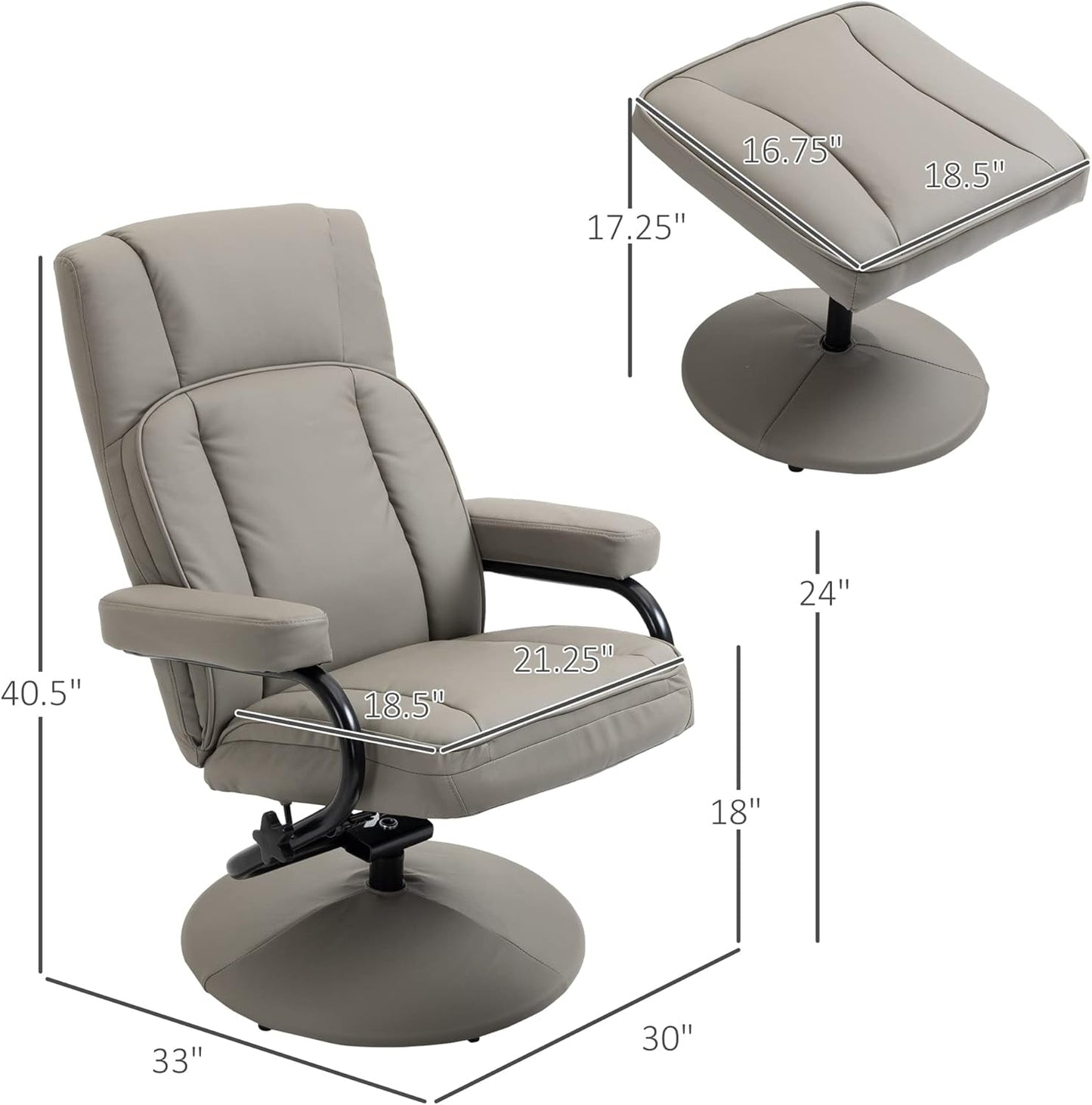 Swivel Recliner, Manual PU Leather Armchair with Ottoman Footrest for Living Room, Office, Bedroom, Grey-2
