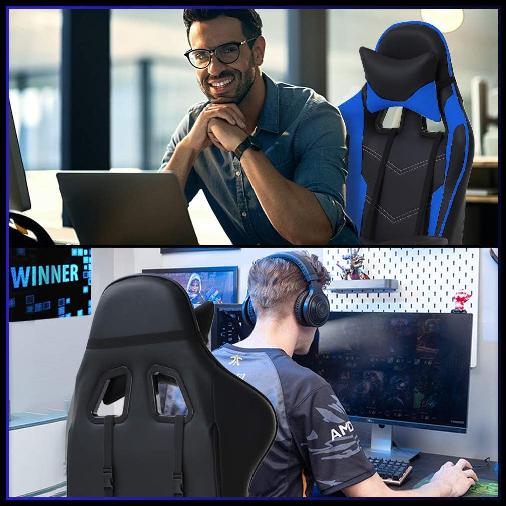 Gaming Chair with Footrest,Ergonomic Office Chair,Adjustable Swivel Desk Chair,Reclining Computer Lumbar Support and Headrest,Racing Style Video Gamer (Blue)-3