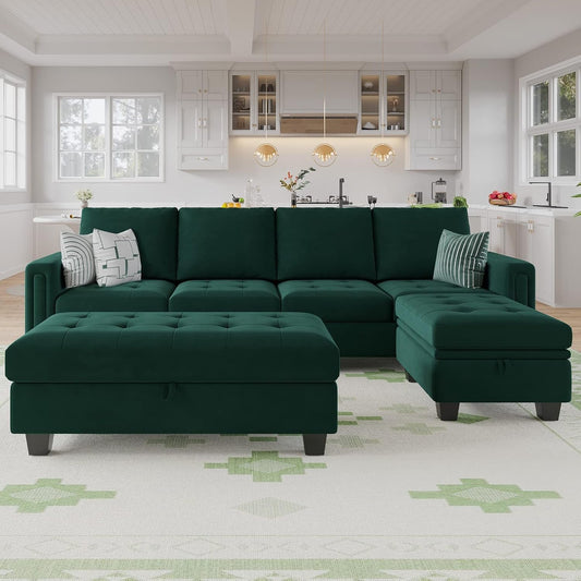 Velvet Convertible 4-Seat Sectional Sofa with Reversible Chaise L Shaped Sofa Couch Furniture Sets Sectional Couch with Storage Ottoman Green-0