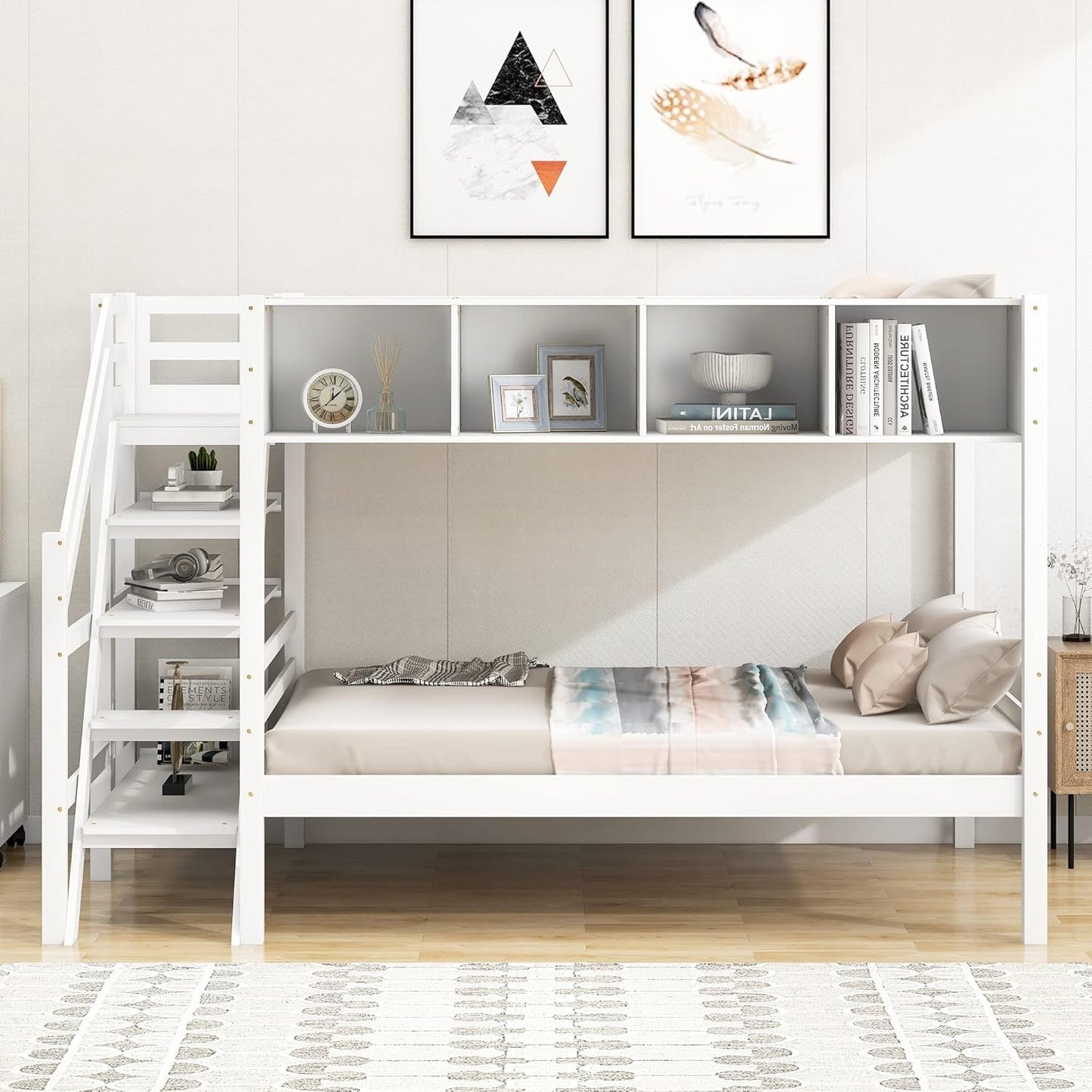 Twin Size Bed Frame for Bedroom Twin over Full Bunk Bed with Staircase and Built-In Storage Cabinets No Box Spring Needed White 96" L X 57.2" W X 62.2" H-3