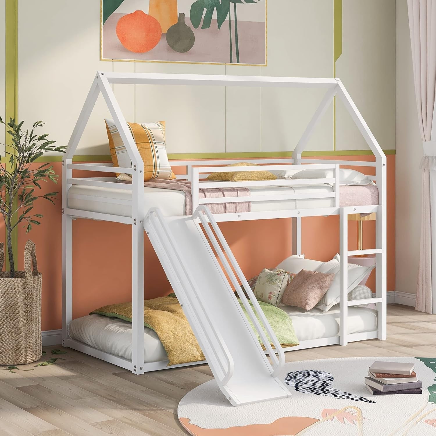 Heavy Metal Junior House Low Bunk Bed with with Full-Length Guardrail Twin over Twin, Montessori Floor Bunk Bed Frame Ladder & Slide, Noise Free White-2