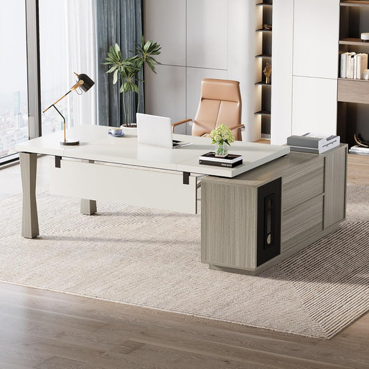 78.7-Inch Executive Desk, L-Shaped Desk with Cabinet, Large Office Desk with Storage Shelves, Writing Table Desk Business Furniture Set for Home Office, Gray and Cream White-0