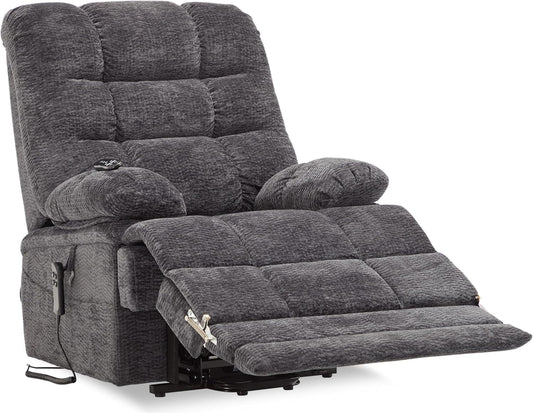 Big Tall Man Power Lay Flat Lift Recliner Extra Large Oversized Wide Heat Massage Dual Motor Recliners up to 400 LBS Electric Chairs,9205L Extended Footrest(Chenille Grey)-0