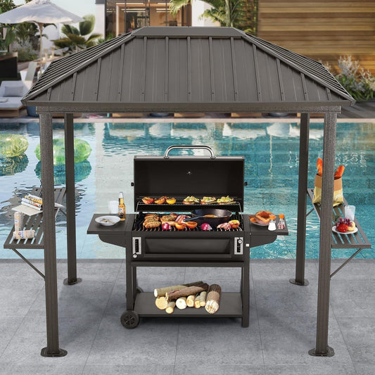 Grill Hardtop Gazebo 6X8 - Outdoor Metal Hard Top Gazebo, Permanent Galvanized Steel BBQ Gazebo Aluminum Framed Pavilion with Shelves for Patio Backyard Lawn Garden (Single Roof, Dark Brown)-0