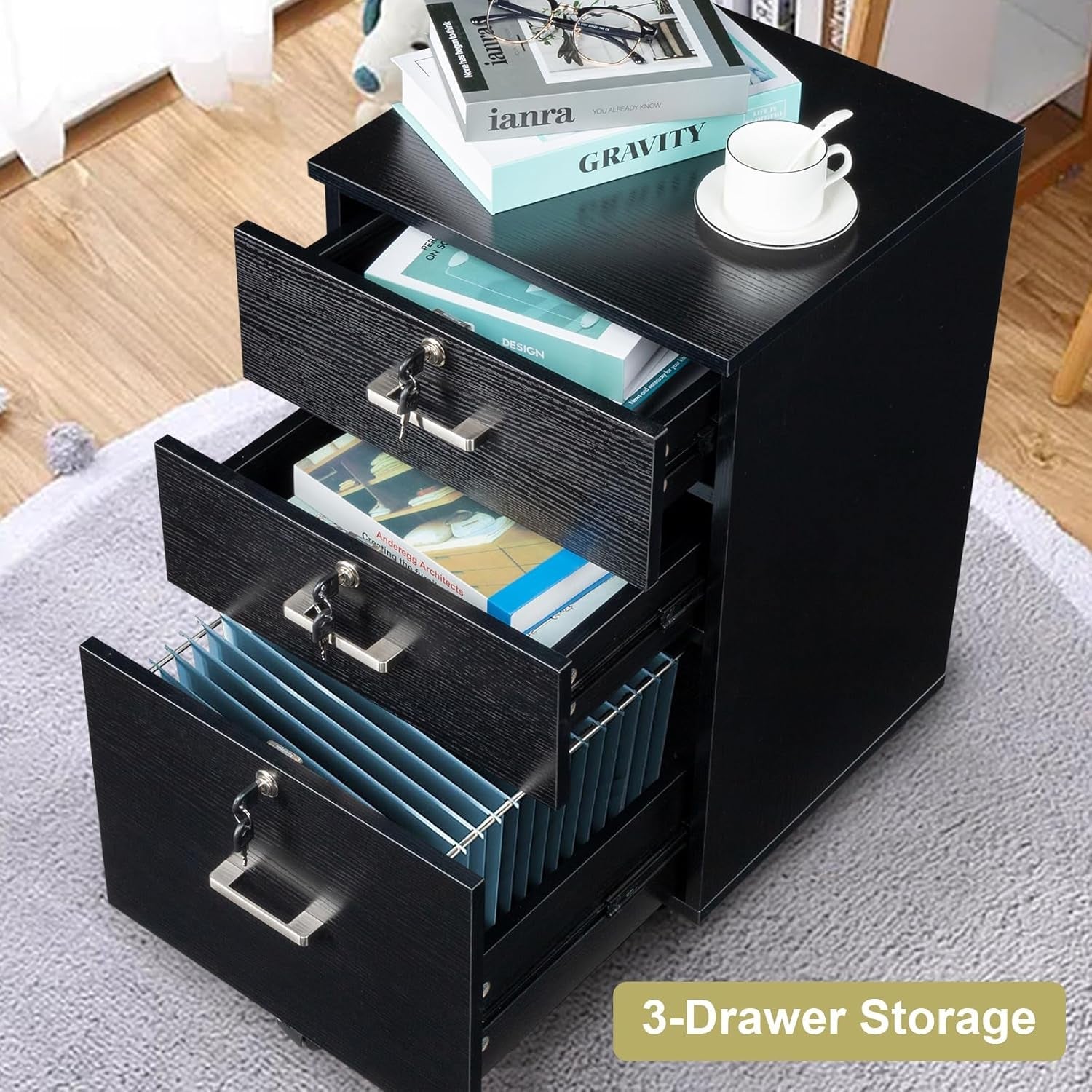 26" H 3 Drawer File Cabinet with Lock, Rolling File Cabinet under Desk, Mobile File Cabinets for Home Office, Wood Black File Cabinet Printer Stand for Letter Size Hanging/Manila File Folders-3