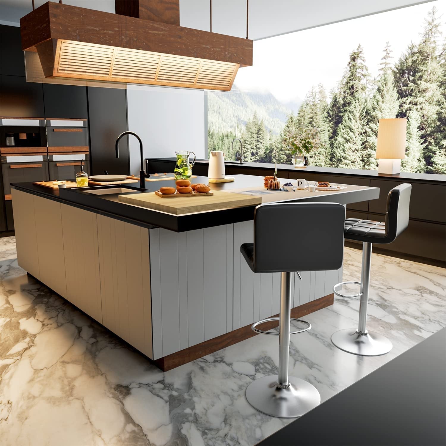 Black Leather Adjustable Swivel Bar Stools (Set 4)-2