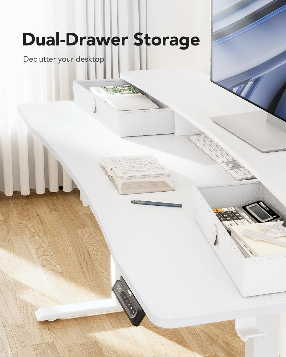 48″ X 24″ Electric Standing Desk with 2 Drawers, C-Clamp Mount Compatible, Height Adjustable Computer Desk, Home Office Stand up Desk with 4 Preset Heights & 2 Hooks, White-4