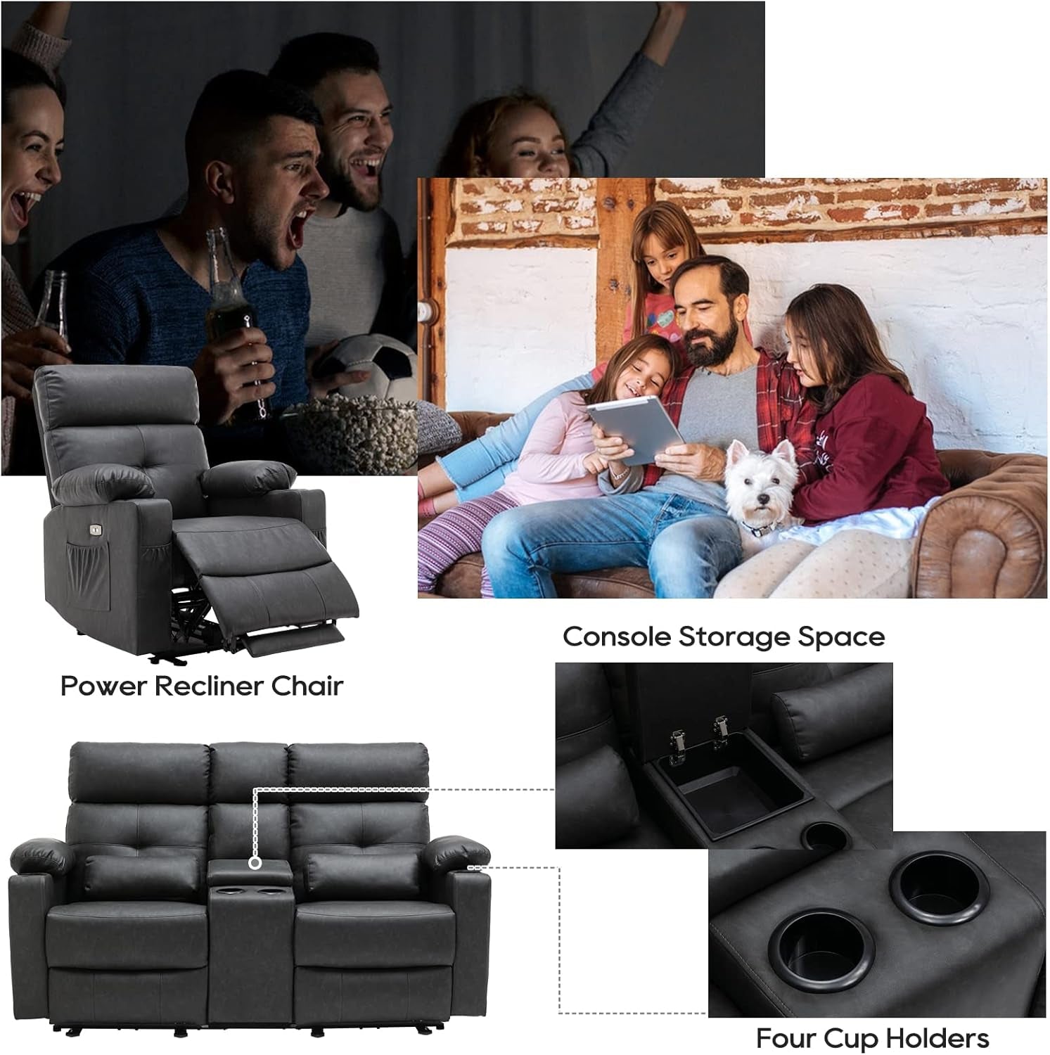 Power Recliner Sofa Set, 2 Pieces Recliner Furniture Sofa Set, Power Reclining Loveseat with Massage and Heat, Loveseat Recliner Sofa with Center Console & Cup Houlders for Living Room-4