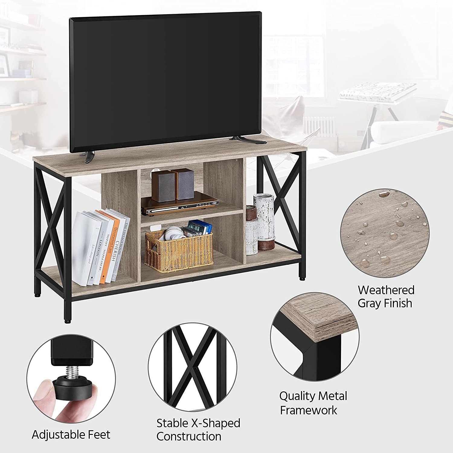Gray Wood TV Stand for 55 Inch Flat Screen-4