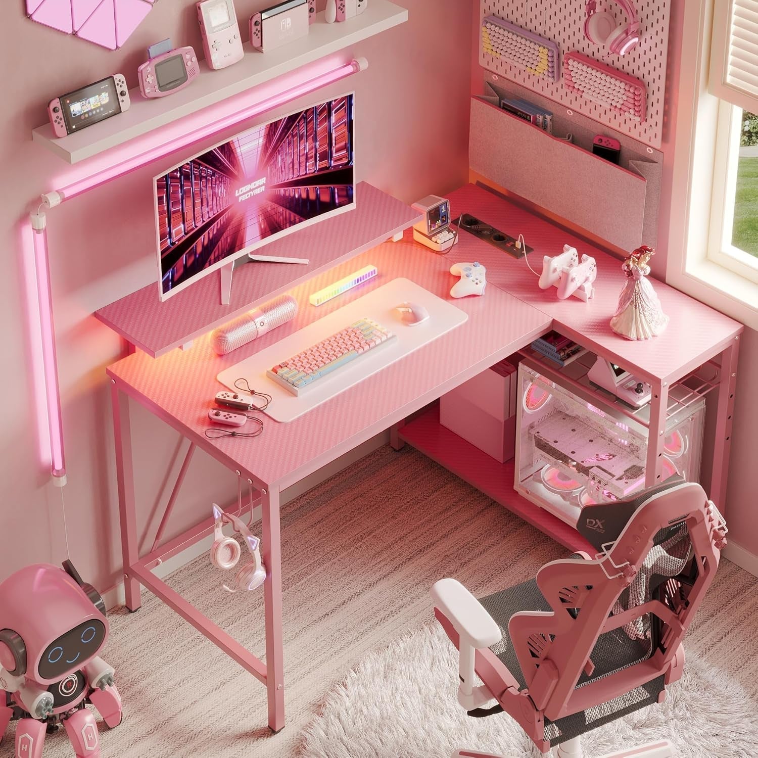 Gaming Desk with Power Outlets,42 LED Small Corner Computer Desk with Reversible Storage Shelves,L Shaped Desk with Hooks Workstation Desk for Office and Bedroom,Pink Carbon Fiber-3