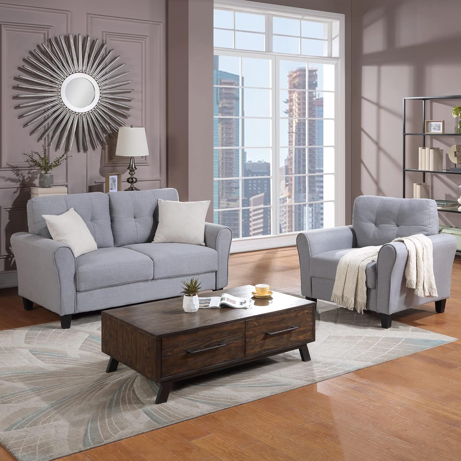 2-Piece Living Room Sectional Sofa Set, Modern Style Button Tufted Linen Upholstered Armchair and Loveseat Sofa Sectional Couch Set, Light Grey-Blue-0