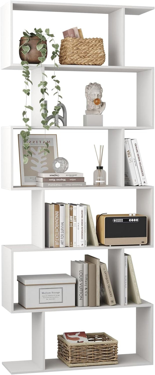 S Shaped Bookshelf, Modern Geometric Bookcase, 6-Tier White Display Case Book Shelf-0