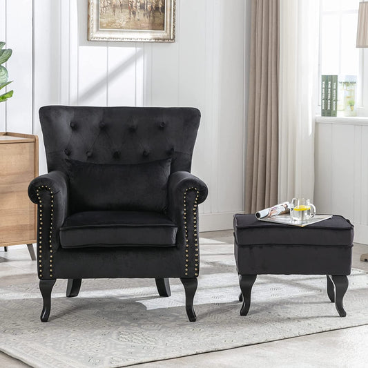 Black Velvet Wingback Chair with Ottoman Set-0