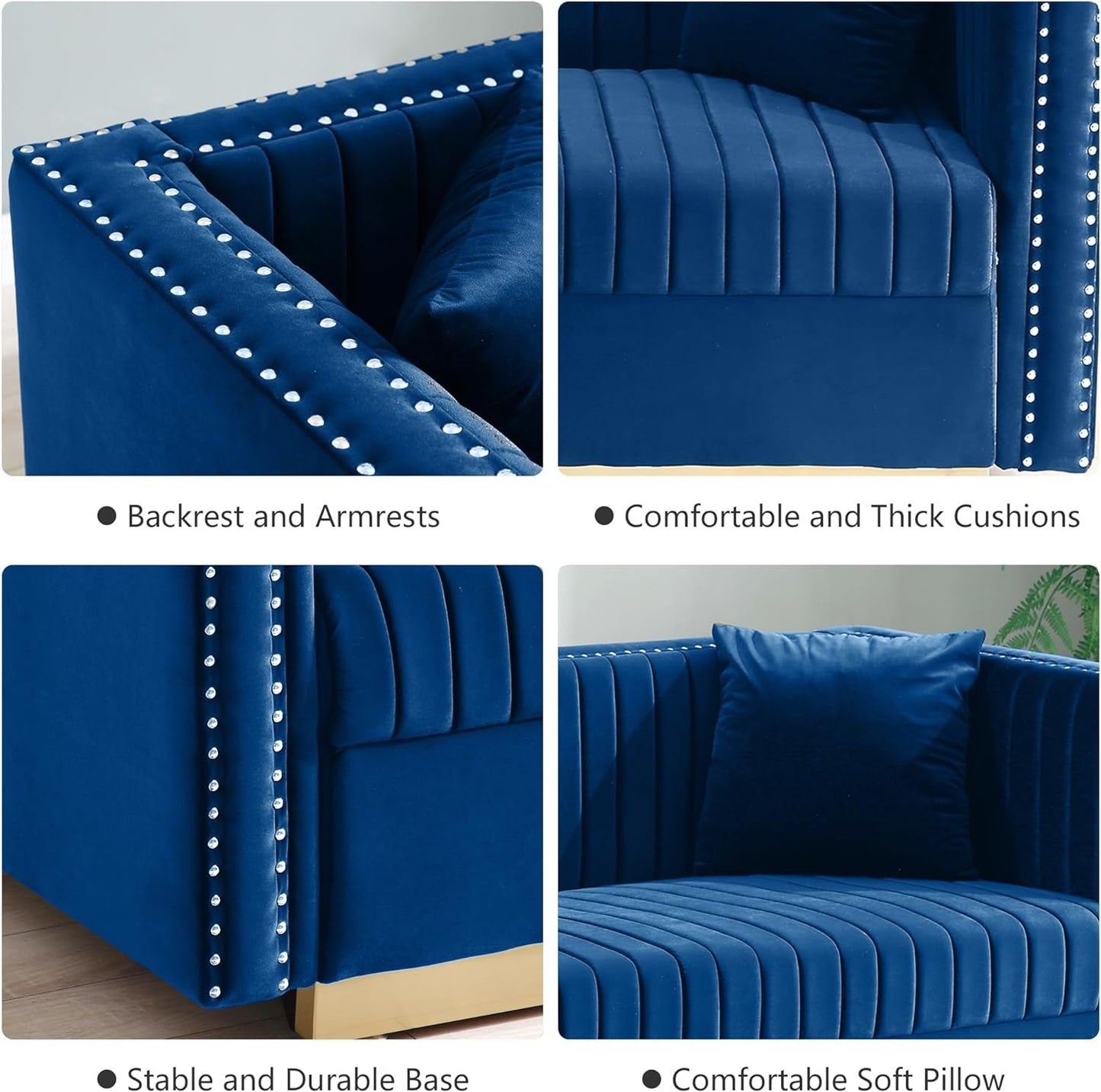 Luxury Velvet Sofa Set for Living Room, Modern Decor Furniture Channel Sofa Couch and Loveseat with Nailhead Gold Metal Legs and 4 Pillows for Bedroom, Hall, Blue-2