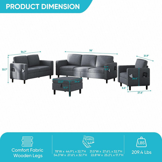 6 Seaters Sectional Upholstered Sofa, Linen Fabric Sofa Couch with Side Pockets, Free Combination Sofa Set with Movable Storage Ottoman, for Living Room-Sofa&Loveseat&Chair&Ottoman,Dark Grey-1