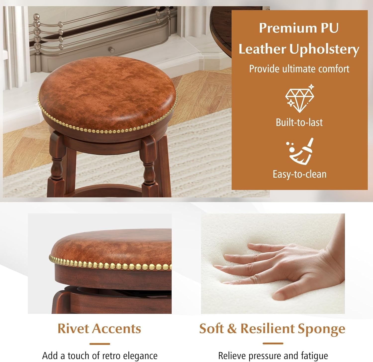 24" Swivel Bar Stools Set of 2, Farmhouse Counter Height Stools with Upholstered Seat & Rubber Wood Frame, round Backless Kitchen Stools, Barstools for Kitchen Island/Breakfast Nook, Walnut-3