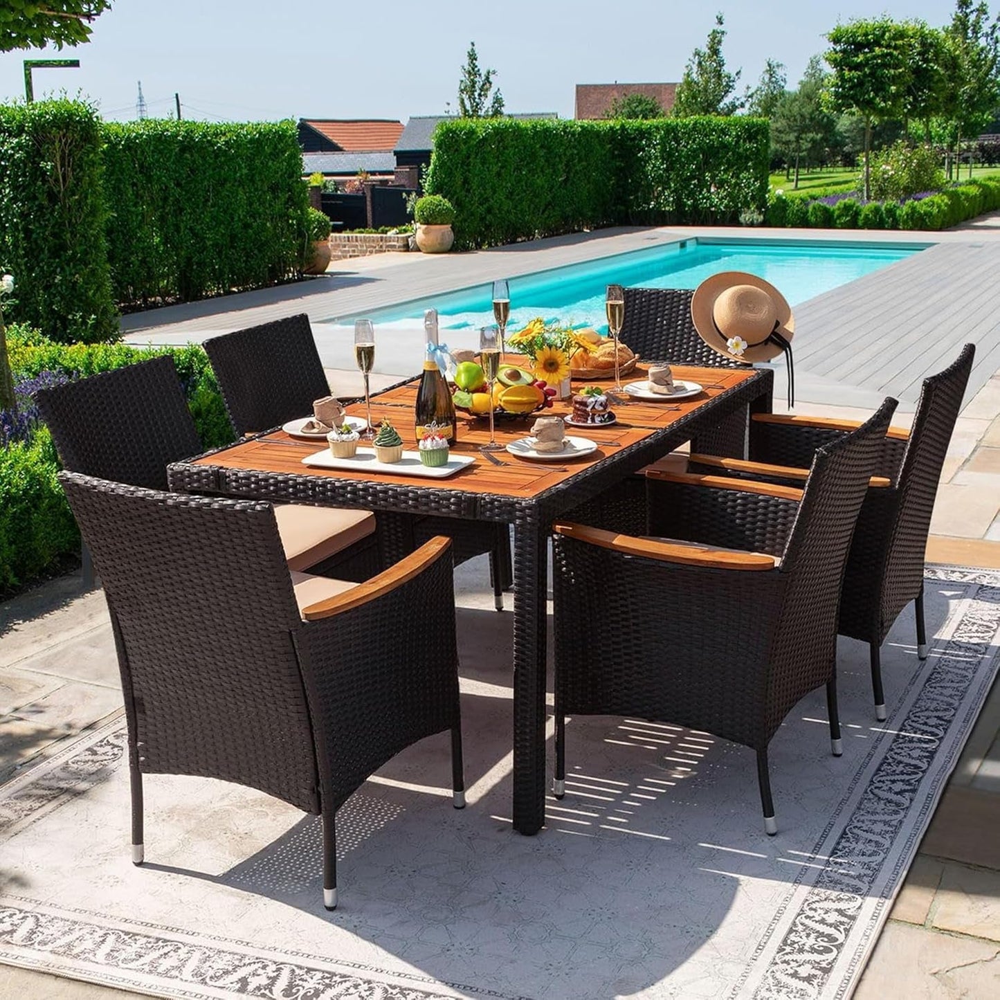 Dining 7 PCS Furniture, Patio Conversation Set with Acacia Wood Table Top, Rattan Outdoor, Black-0